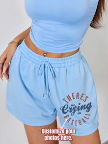 Pantalones cortos deportivos personalizables para mujeres - Agrega tu texto y fotos (Talla M, Citas famosas/Frases divertidas/Paisajes/Insignias/Fotos de pareja/Fotos familiares/Selfies/Fotos de mascotas), puedes elegir la fuente y el color, adecuado para viajes de verano, regalos para novias, pantalones cortos deportivos para mujeres - Celeste - Ver 3