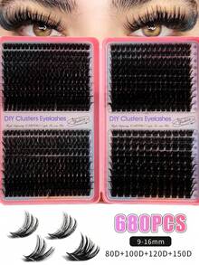 800/680pcs High Density D Curl DIY Eyelash Extension Kit, Long-Lasting Mixed Single Cluster False Lashes, Suitable For Beginners, Home Use For Charming Eyes, Daily, Wedding, Date, Party, Travel, Holiday, Christmas, Halloween Makeup Gift Eyelashes - D - View 7