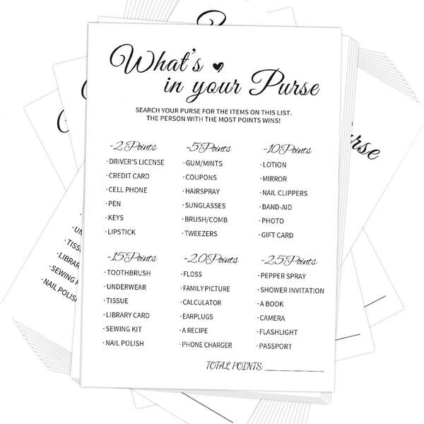 Bridal Party Game - What's In Your Bag, Wedding Party Game, Thick Paper, Minimalist Style