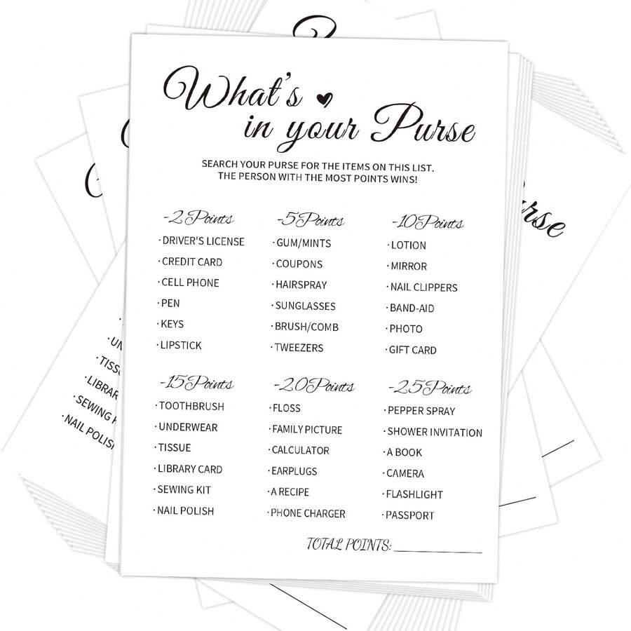 新娘送礼会游戏——猜猜你的包里有什么？婚礼送礼会游戏，厚纸，极简主义 - Whats in your purse - 查看 1