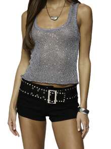 Women Knit Tank Tops Glitter Sequins U-Neck Casual Vests Summer Sleeveless T-Shirts Streetwear - 深灰色 - 查看 1
