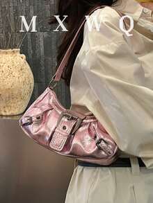 1 pièce Sac à bandoulière femme rétro punk avec rivets décoratifs, grande capacité, souple et dégradé. Réglable à l'épaule, convient pour le travail, les déplacements, les sorties et les fêtes - Or rose - Voir 2