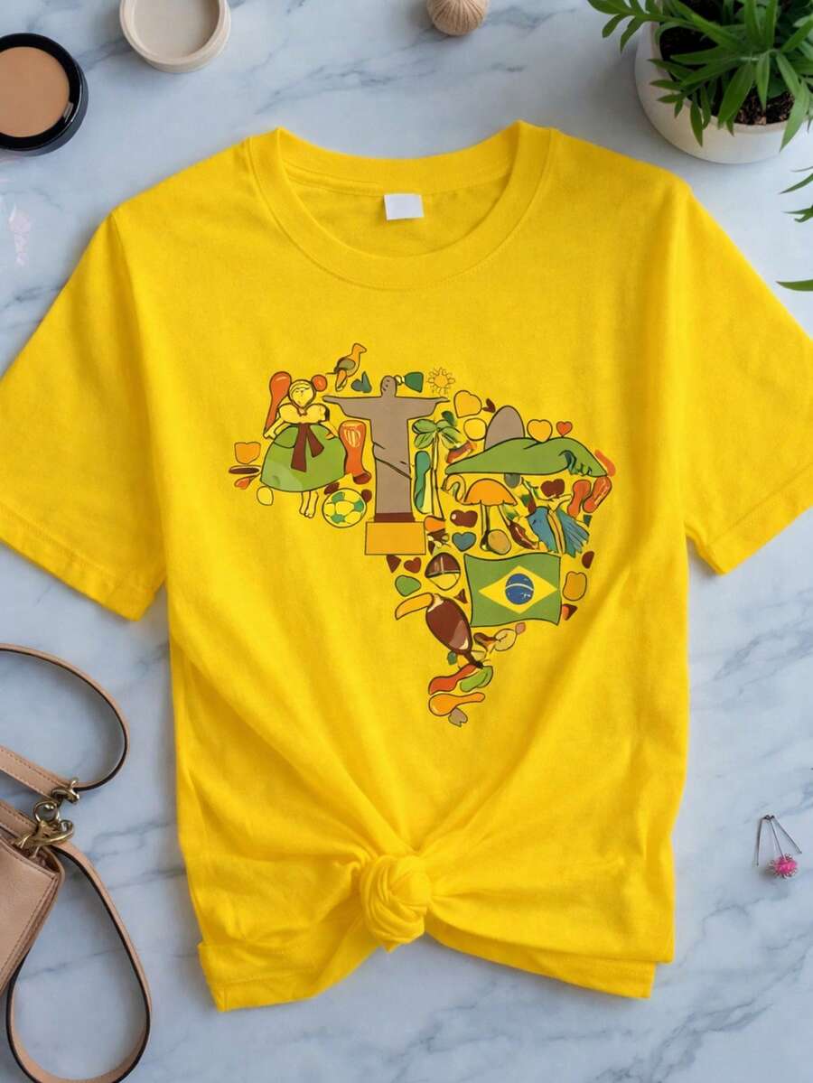 T-Shirts, Blouses, T-Shirts, Brazil, Graphic Design, Casual, Comfort - Yellow - View 1