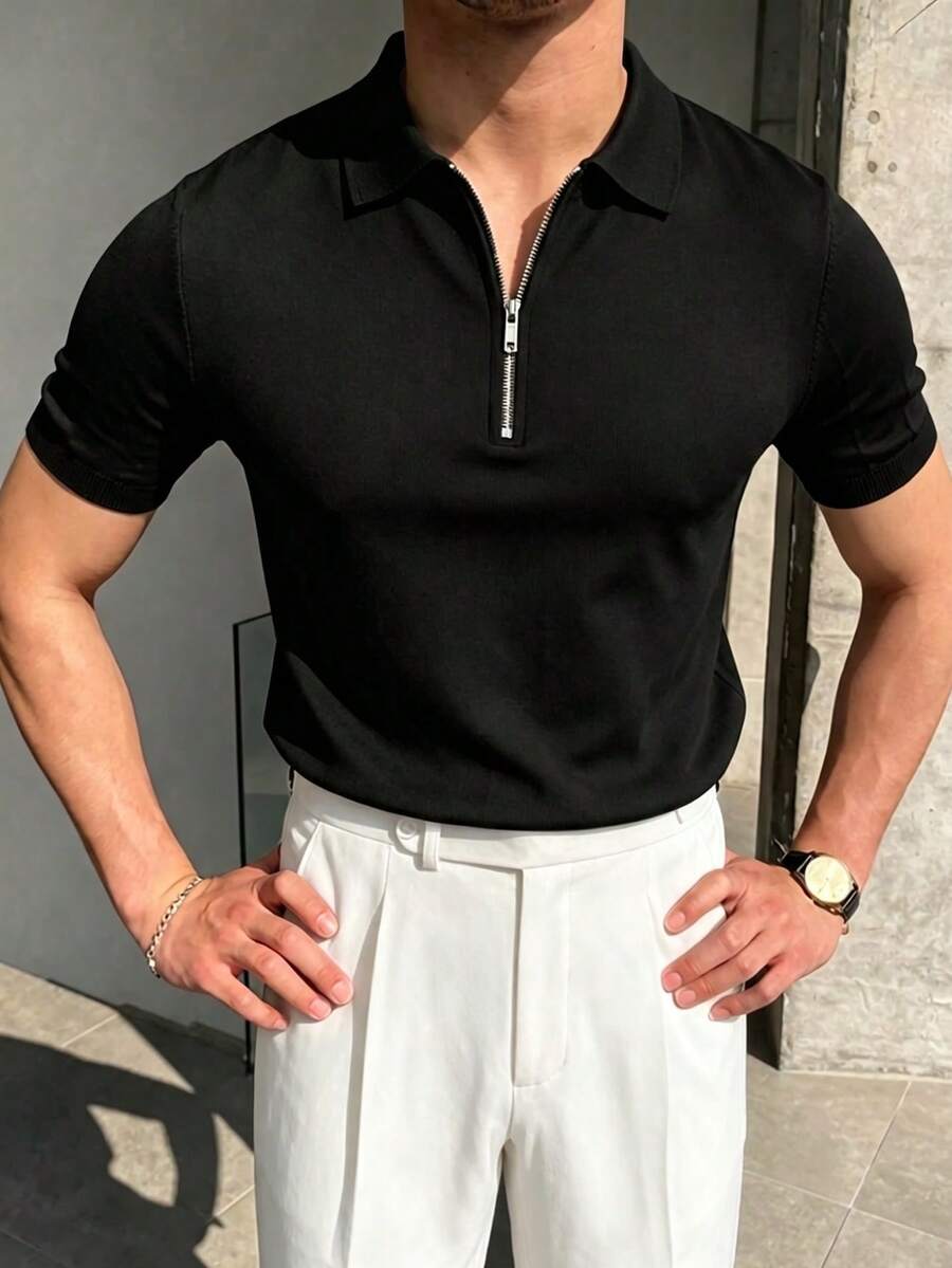 Camisa polo de manga corta de unicolor, de media cartera, casual y versátil para ir al trabajo - Negro - Ver 1