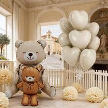 9pcs Cream Hugging Bear Foil Balloons, Cream Heart Balloons, Suitable For Birthday Party Decoration, Cartoon Bear Balloon Set - View 1