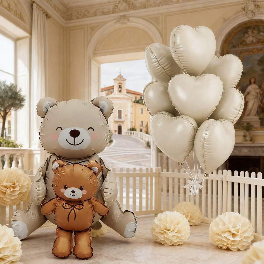 9pcs Cream Hugging Bear Foil Balloons, Cream Heart Balloons, Suitable For Birthday Party Decoration, Cartoon Bear Balloon Set - View 1