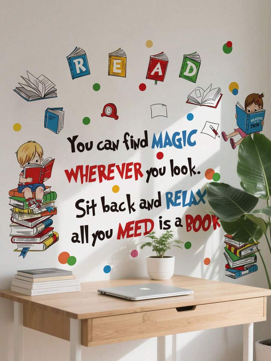 1 Set Cartoon Reading Wall Stickers, Inspirational English Slogan Self-Adhesive Wall Decals, Suitable For Study Room, Classroom, Library, Reading Corner Decoration, Colorful Book Illustrations And Motivational Texts, E.G. "Magic Is Everywhere, Relax Your Mind, All You Need Is A Book", Perfect To Inspire Reading Interest, 2D Cartoon Forest Animal Wall Stickers - Forest Animal Stickers - View 1