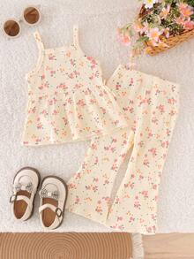2pcs Baby Girls' Cute Fresh Floral Print Camisole + Ribbed Pants Set, Spring/Summer Forest Style - Apricot - View 2