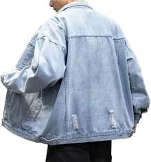 Men's Distressed Denim Jacket Casual Vintage Rugged Trucker Coat - 淺藍色 - 查看 4