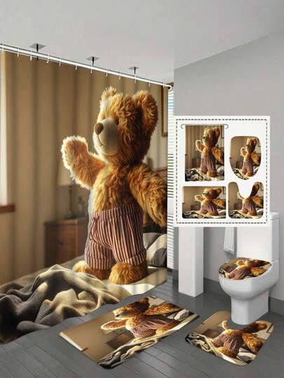 4pcs/Set Fashionable Plush Bear Shower Curtain Set, Includes Non-Slip Rug, Toilet Mat, Bath Mat, Opaque Shower Curtain And 12 Durable Hooks, High-Quality Bathroom Decor And Accessories, Suitable For All Furniture Styles