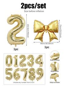 2个/套 40英寸白金色数字气球和金色蝴蝶结铝箔气球，40英寸白金色数字0-9铝箔气球，金色蝴蝶结铝箔气球，适用于生日派对、婚礼、毕业典礼、生日、婴儿派对、单身派对、周年纪念日和情人节装饰，摄影道具 - 彩色 - 查看 3