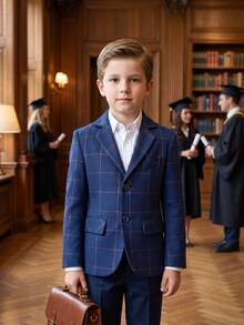Boys Plaid Formal Blazer Jacke Children Teen Boys Outfit For School Graduation Wedding Guest Birthday Party Dinner Holiday Wear All Occasions - Blue - View 5