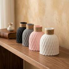1 pièce Vase décoratif de style bohème minimaliste moderne, léger et incassable, finition mate résistante à l'eau, en matière plastique de haute qualité, style nordique de ferme moderne, disponible en noir, gris, rose, blanc unicolore, design sphérique arrondi en haut, texture 3D ondulée, livré avec un décor de corde de jute naturelle au cou - A - Voir 2