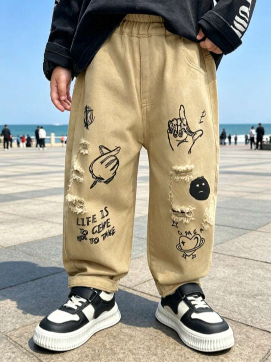 男童春季做旧涂鸦印花牛仔裤