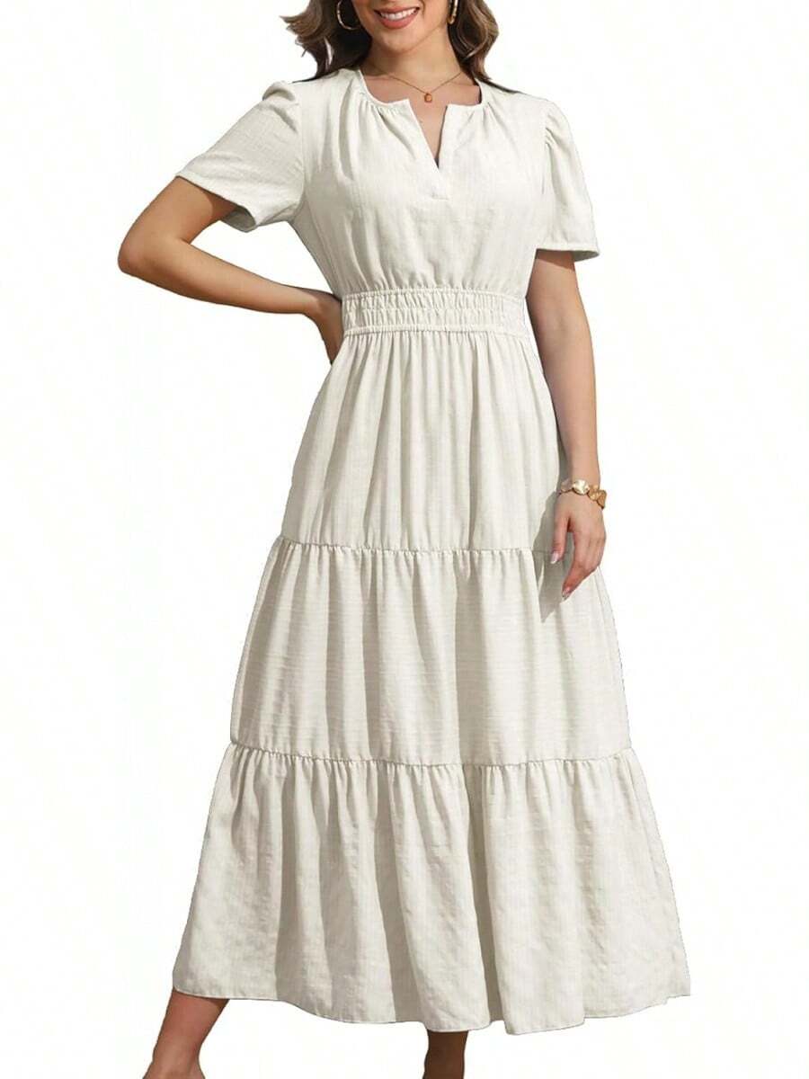Rainday Womens Casual Maxi Dresses Fashion Holiday Short Sleeved Elastic Waist Beach Boho Dress With Pockets - Z3918wh - Xem 1