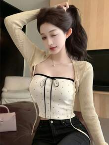Bộ đồ 2 mảnh chấm bi gợi cảm mới mùa Xuân/Hè 2026 dành cho nữ, áo khoác cardigan dệt kim gân buộc dây, trang phục thanh lịch, đa năng cho công sở và hẹn hò. - Màu be - Xem 5