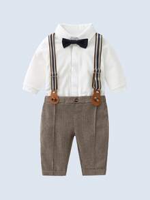 Baby Boy Bow Front Bodysuit & Blazer Waistcoat & Suspender Pants & Hat - Multicolor - View 5
