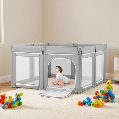 VEVOR Baby Playpen, 47.2″ X 47.2″ Foldable Toddlers Playpen, Indoor/Outdoor Baby Fence Play Yard With Zippered Door & Soft Breathable Mesh, No-Gap Toddlers Activity Center For 6 -24 Months Babies