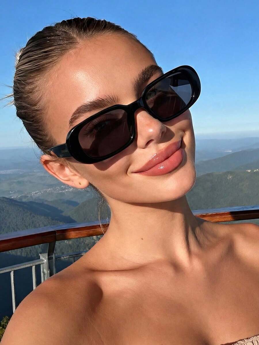 1 Pair Women's Universal Oval Black Small Frame Sunglasses, Suitable For Vacation, Travel, Holiday Outfit, Sports Style, Electronic Music Festival, Summer Accessory, Beach, Fishing, Holiday, Outdoor Activities, Sun Protection, Vacation - Black - View 1