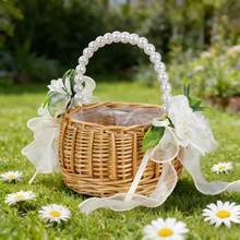 Wedding Flower Girl Basket Ribbon Bow Faux Flower Decor Petal Storage Woven Rattan Basket For Wedding Daily Picnic - Yellow - View 2