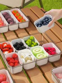 1pc Divided Meal Plate With Lid And Handle, Portable Snack Box, Suitable For Cooked Food, Gathering, Vegetables, Snacks, Fruits, Nuts, Candies, Chips, Entertainment, Picnic. Kitchenware, Compartment Box. - View 7