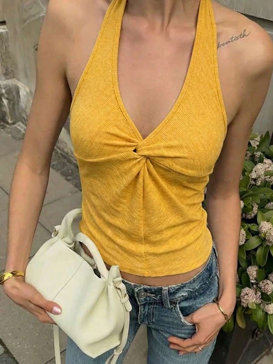 Women's Yellow Camisole, Front Twist Design, Regular Length, High Stretch Fabric Camisole - Yellow - View 1