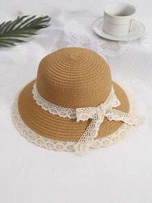 1pc Kids Lace Bow Floppy Sun Hat, Collapsible Wide Brim Beach Hat For Girls, Summer Holiday - 1PC - View 8