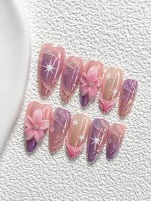 10Pcs Dreamy, Vibrant Style Handmade Nail Art Set,Unghie Press On,Hand Pinched Five Petal Flower,Purple And Pink Nail Polish,Includes Nail Tools,3 Sizes Available,Almond Nails , Duck Nails,Coffin Nails For Party, Dance, Daily Wear. - 彩色 - 查看 3