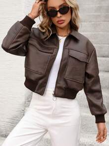 Women's Faux Leather Brown Biker Jacket, Short Distressed Coat - Brown - View 4