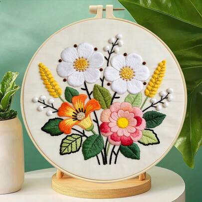 European Pastoral Floral Embroidery DIY Kit, Blue & White Daisy Full Embroidery Wall Hanging Decor, Beginner Embroidery Tool Set