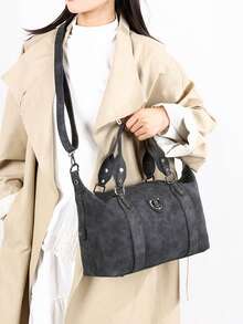 New Vintage PU Leather Handbag, Fashion Zipper Shoulder Bag With Detachable Strap, Suitable For Work, Travel, Gray/Black/Green - Black - View 8