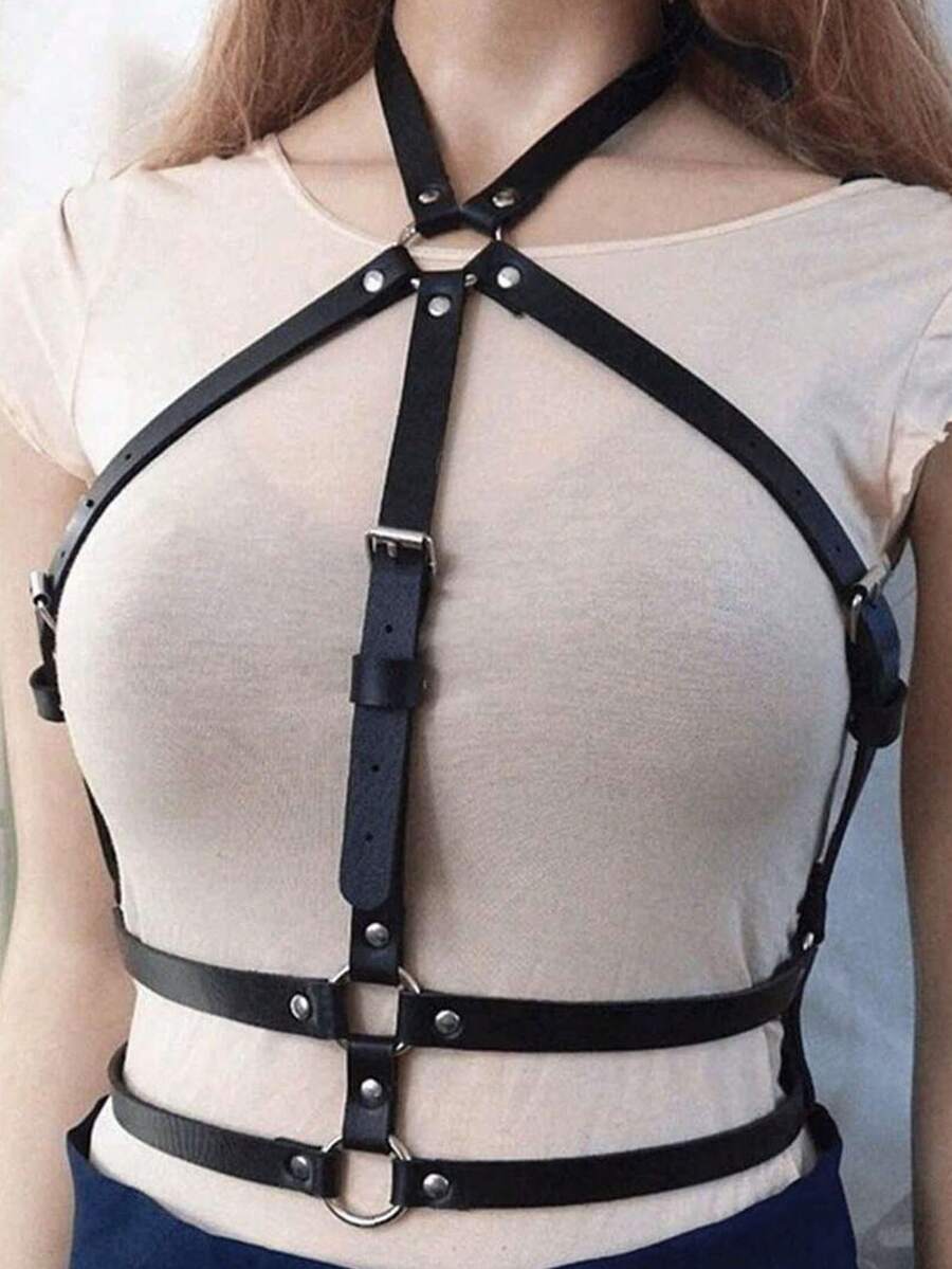 一件女士暗黑朋克风PU皮革露背短款上衣，适合化装舞会或主题派对氛围 - 黑色 - 查看 1