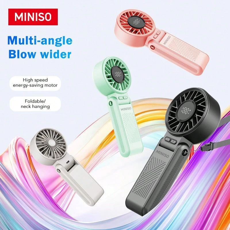 MINISO 便攜式手持電動風扇，3600mAh 電池，8 小時續航，快速充電，10,000 RPM 無刷馬達，1-120 段無級調速，智慧顯示，4 合 1 用法：掛頸、折疊、桌面、手持，化妝風扇，適合戶外運動愛好者，1 件裝