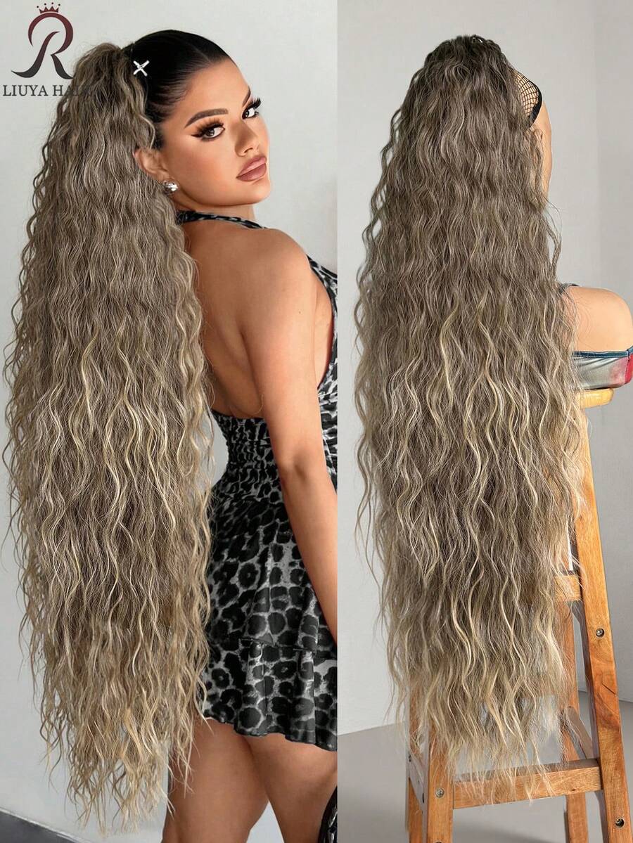 36 Inch Long Lightweight Fully Natural Curly Black Hair Ponytail, Multi-Layer Soft Drawstring Synthetic Hair Ponytail Extension For Women