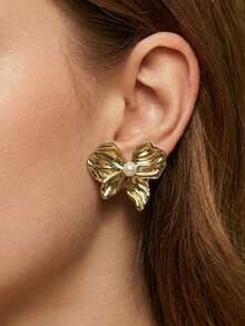 French Exquisite Geometric Stainless Steel Pearl Pleated Texture Stud Earrings Available Wholesale Stock Set Summer Beach Jewelry Fancy Stainless Steel Jewelry Set, Great For Glamorous,Holiday,Wedding,Daily,Music Festival,Beach Vacation. Perfect For Valentines Day, Birthday, Mother Day Gift - Gold - View 1