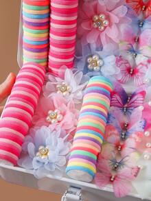 212件装花朵、蝴蝶结、网纱蝴蝶发夹、发圈、发绳、爪夹，时尚发饰，适合日常使用，礼品 - 彩色 - 查看 5