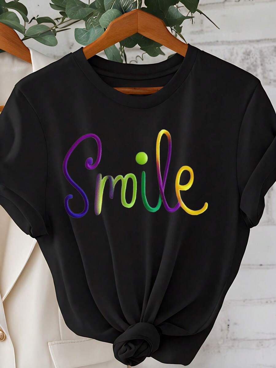 -Women's Round Neck Shirt, 220g, White, Rainbow Print With  Face, Suitable For All Four Seasons, Washable In Sleep - Black - View 1