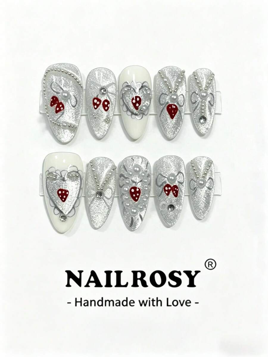 nailrosy 10片手工粉色&銀色蝴蝶珍珠貓眼優雅極簡復古日韓現代清新設計時尚法式中性經典創意閃亮亮片美甲貼紙組 夏季 7月4日 婚禮 畢業舞會 - 白色 - 查看 1
