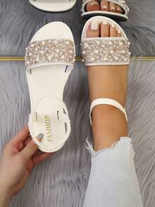 1 Pair Milky White Pearl & Rhinestone Embellished T-Strap Sandals, Luxurious Slip-Resistant Flat Sandals, Suitable For Teenagers Party And Casual Wear In Summer - White - View 2