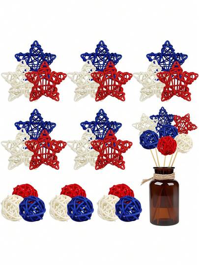 24 piezas Bolas de ratán tejidas, bolas de ratán tejidas con forma de estrella, decoración del hogar DIY para el 4 de julio, relleno de jarrón de primavera, decoración de escritorio, estrella patriótica roja blanca y azul, celebrar el 250 aniversario de EE. UU., decoración del hogar, artesanía del Día de la Independencia, relleno de jarrón y tazón, así como decoración de mesa para fiestas