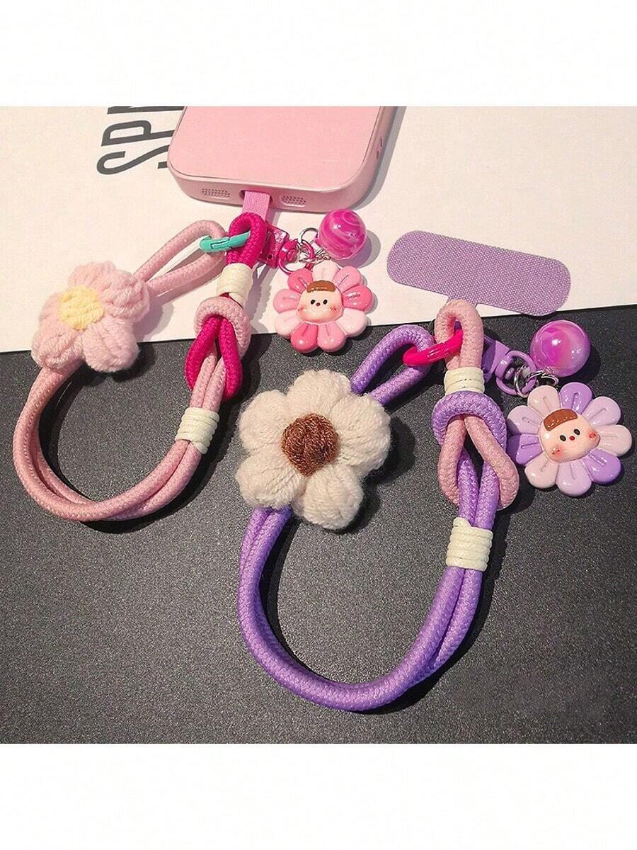 1 Set Estilo Ins Colgante de flor de algodón de dopamina para bebé, cordón para teléfono, correa de muñeca tejida, colgante de dibujos animados lindo, adecuado para mujeres - Multicolor - Ver 1