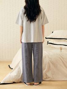 Gongdie 2er/Set Damen Sommer-Pyjama, bequemes weiches lockeres T-Shirt und karierte Hose, süßer Welpen-Muster lässige Hauskleidung - Hellgrau - Übersicht 6