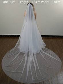 1件装女士单层教堂式长款薄纱闪光新娘头纱，白色，带金属梳，适合婚礼、派对和秋季穿着 - 象牙色 - 查看 11