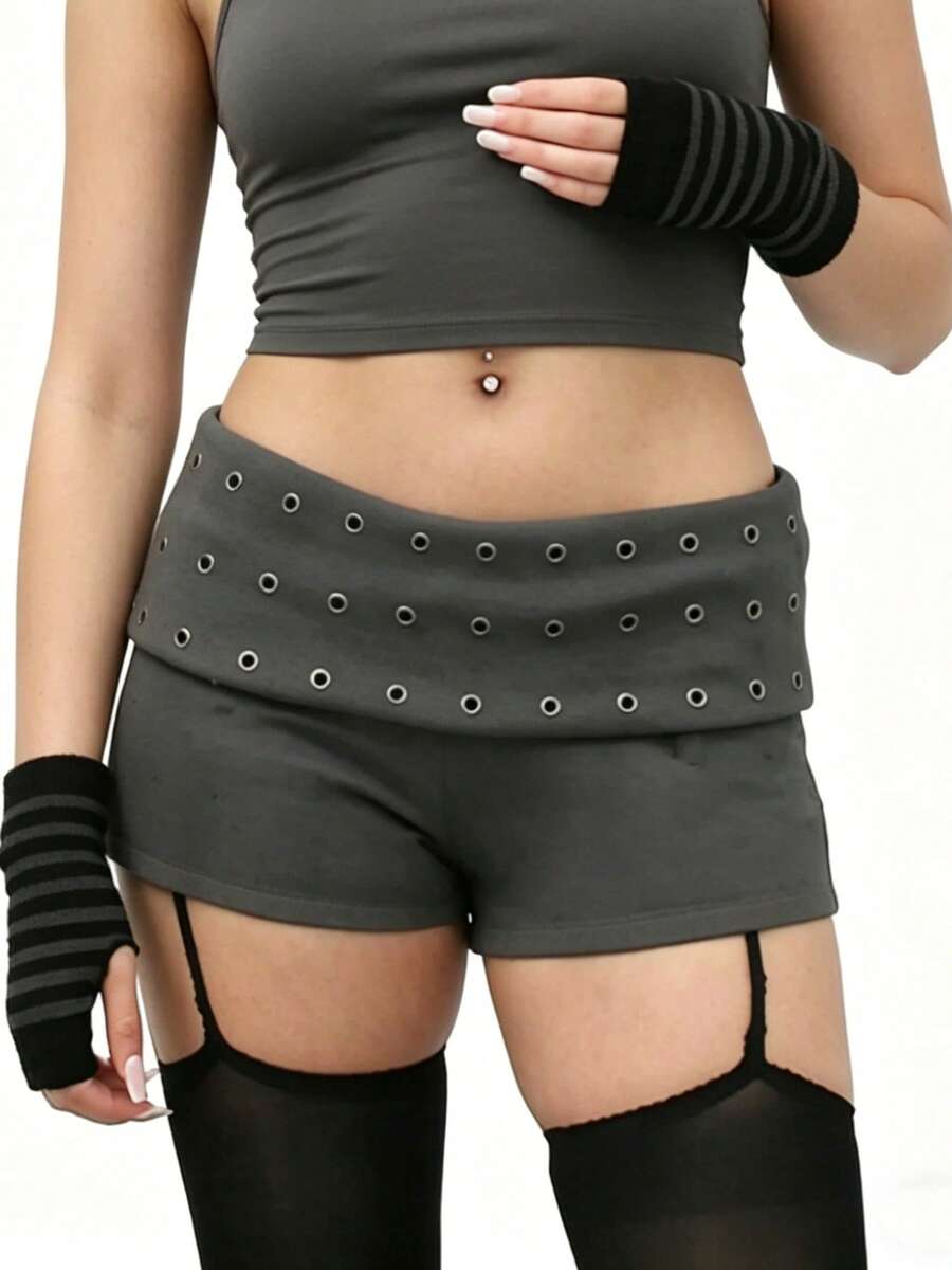 Women Studded Foldover Micro Shorts With Metal Eyelet Low Rise Slim Fit Mini Shorts Y2k Goth Rave Going Out Bottoms Short Hot Pants Party Country Music Concert Casual Rivet Waist Boyshorts Streetwear - 灰色 - 查看 1