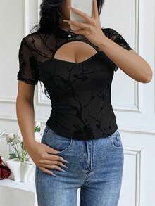 New Summer Chinese Style Design Flocked Sexy Round Neck Sheer Mesh Short Sleeve T-Shirt For Women Vacation Casual Black - Black - View 3