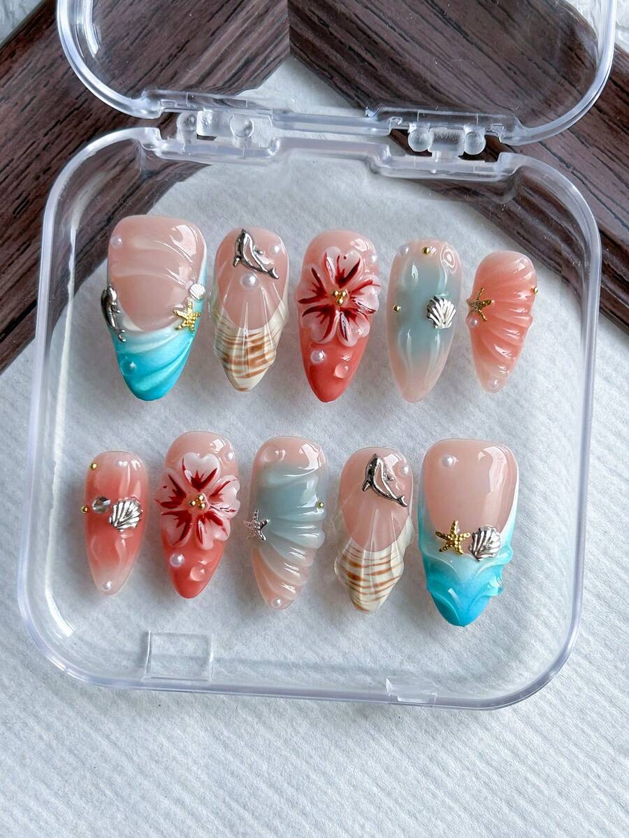 Bộ 10 miếng dán móng tay hình hạnh nhân thủ công, chủ đề đại dương, phong cách Y2K, họa tiết vỏ sò 3D nổi, chạm khắc hoa, màu ombre, phù hợp cho các bạn gái và phụ nữ sử dụng hàng ngày, đi biển và trang trí khi đi du lịch. Sản phẩm kèm theo gel dán và dũa móng. - Nhiều màu - Xem 1