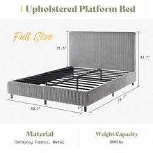 Full/Queen/King Upholstered Bed Frame With Gap-Free 3.5" Thick Headboard – Corduroy Platform Bed With Fully Padded Design & Metal Slats, No Box Spring Needed - Grey - View 3