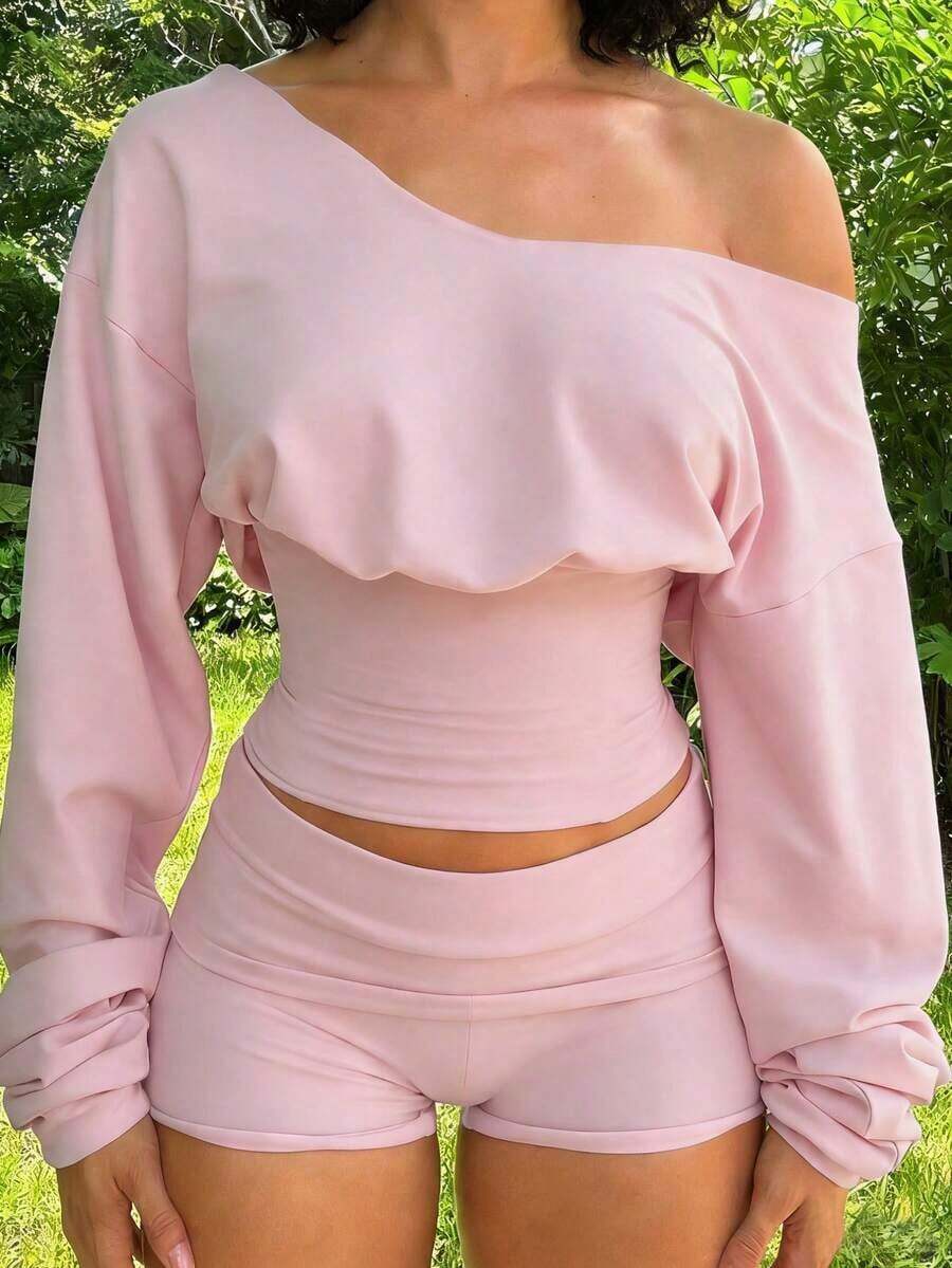 2pcs Women Casual Sports Set, Shorts And Long Sleeve Top, Streetwear Style For Daily Wear Spring - 粉色 - 查看 1