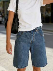 Women's Stylish, Plain-Colored, Loose-Fitting Denim Shorts With A Zip And Button Closure, Knee-Length, Ideal For The Beach And Everyday Wear. - 藍色 - 查看 7