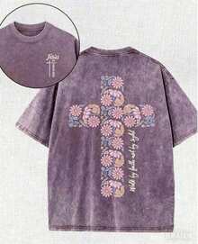 Summer Tops2026Christian Washed T-Shirt, Jesus, Faith, Floral Cross Pattern T-Shirt "Walk By Faith Not By Sight","Jesus Is Coming Soon", Religious Ele - 紫色 - 查看 7